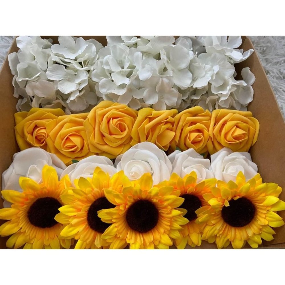 20 Count | White Hydrangeas Yellow Roses Sunflower Bouquet Centerpiece